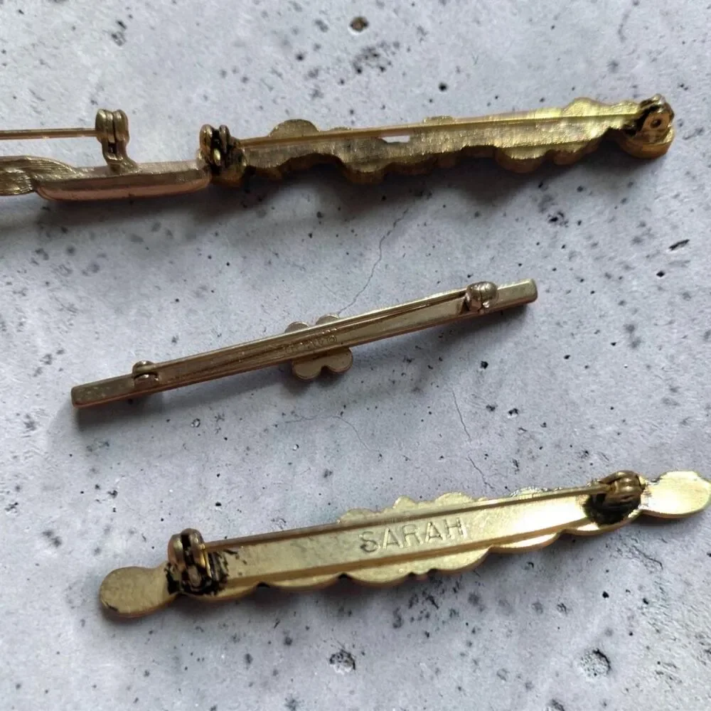 Vintage Gold Tone Bar Brooch Pin Lot of 6, Pearl Rhinestone Ornate Jewelry